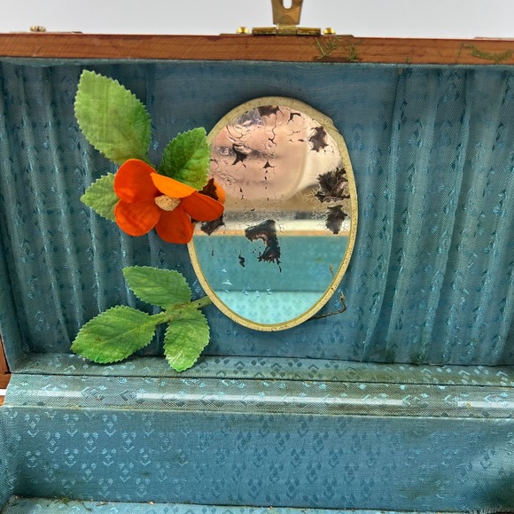 Vintage Wooden Latch Jewelry Storage Box Gold Tone Metal Blue Lining Mirror MCM - Picture 6 of 13